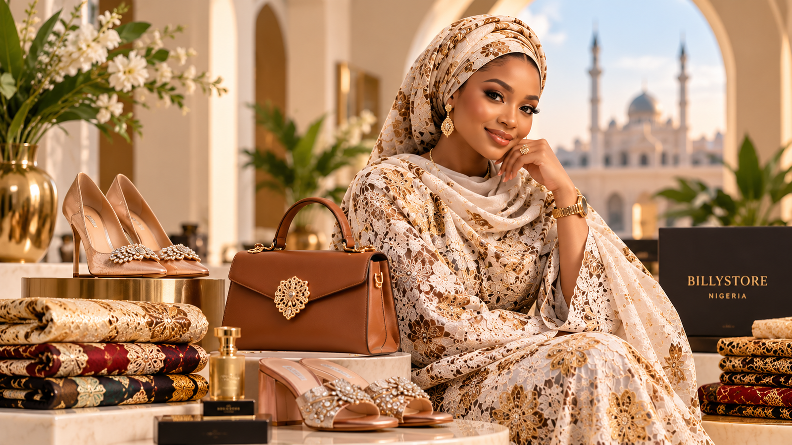 Beautiful Nigerian woman wearing elegant Hausa inspired fashion